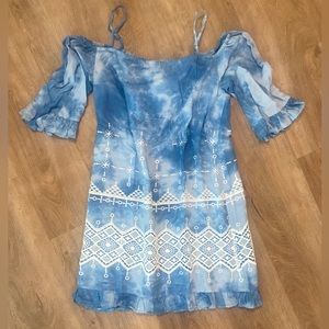 BCBG Eyelet Off-The-Shoulder Sky Blue Ruffle Summer Dress Size Small VFZ66L36